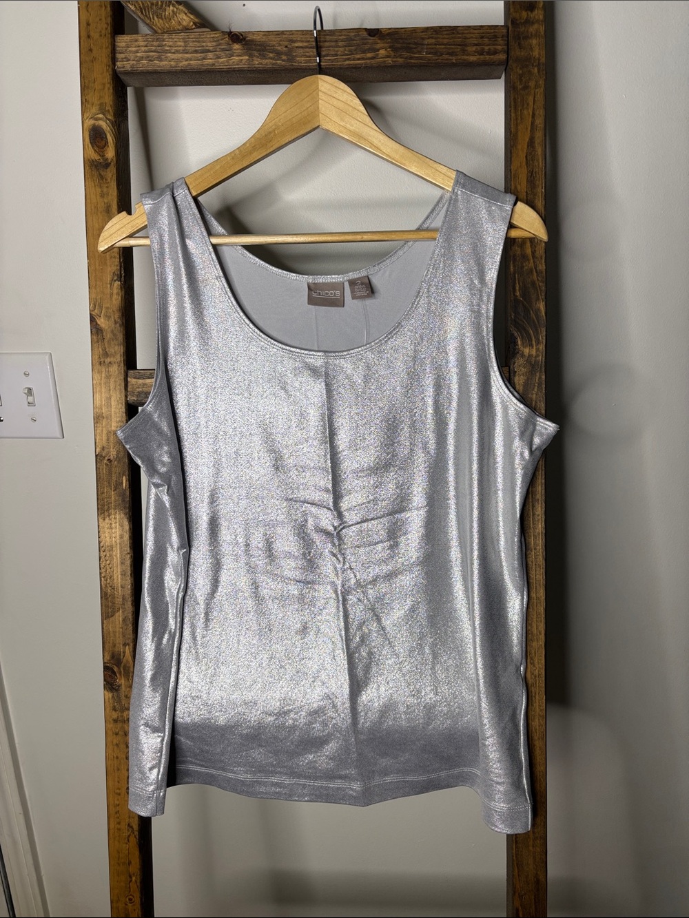 Chico's Metallic Silver Scoop-Neck Tank Size L